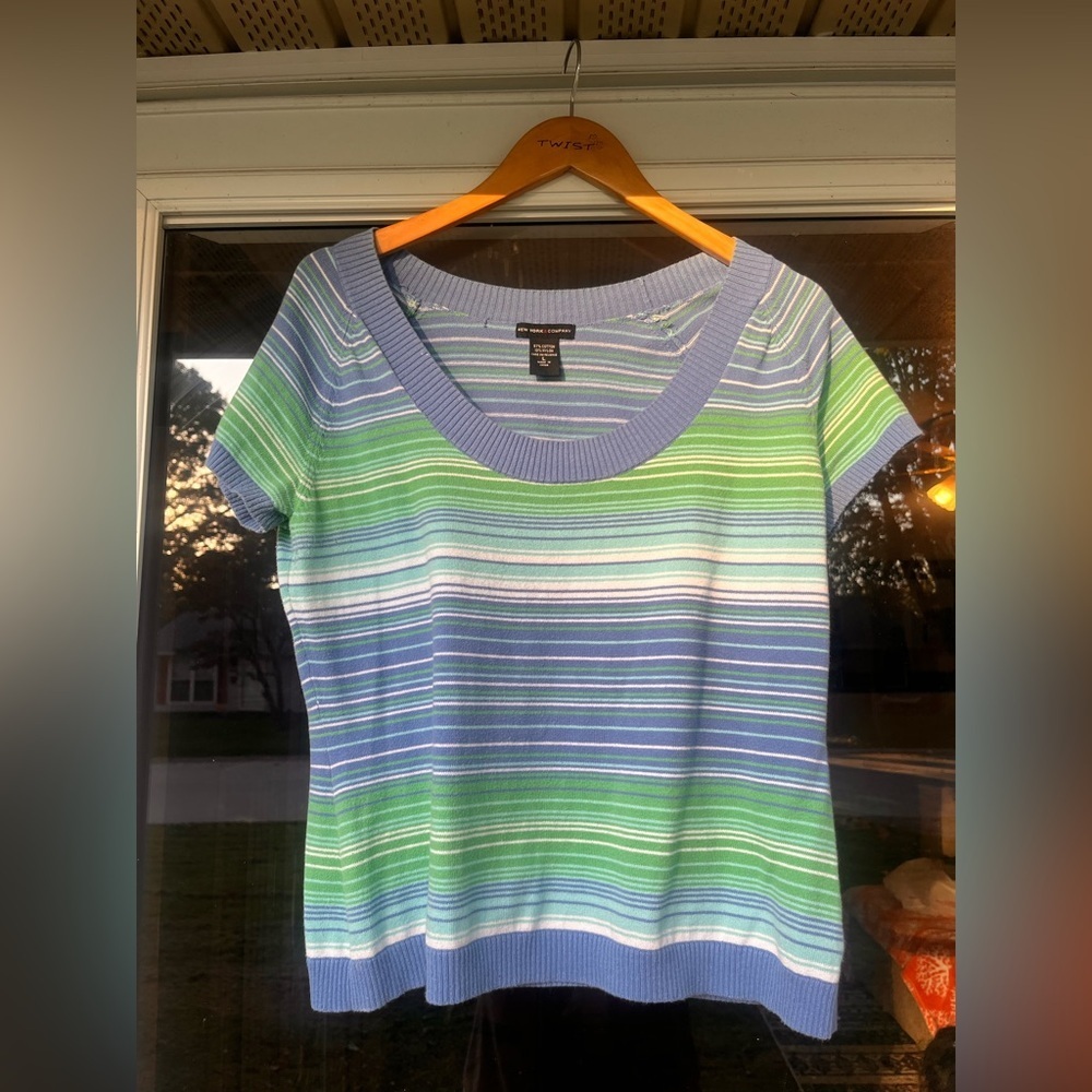 Y2K New York & Company Blue and Green Striped Short Sleeve Top